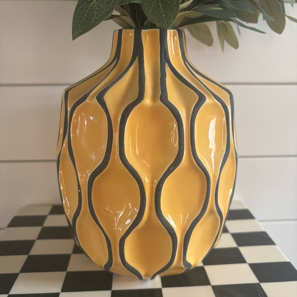 Katherine Yellow Ceramic Short Neck Vase, 8” with faux olive tree branches